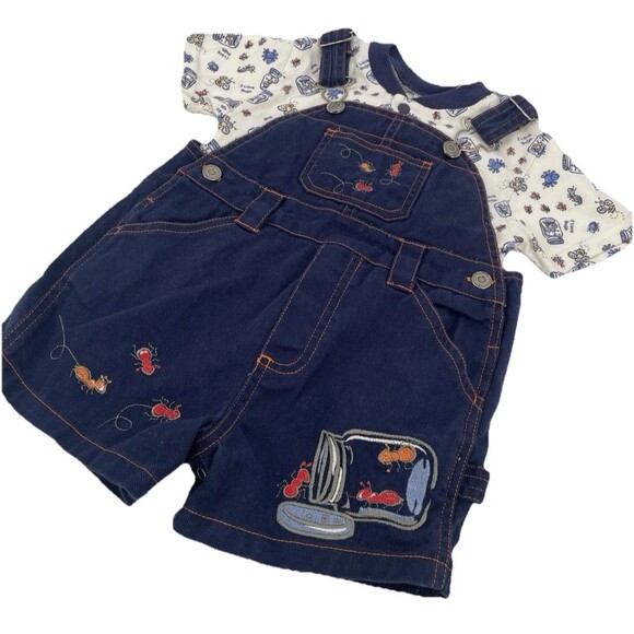 VTG Love Bugs Y2K Shortalls Overalls Insect 90s AOP Embroidered Set Simply Basic - Picture 1 of 13